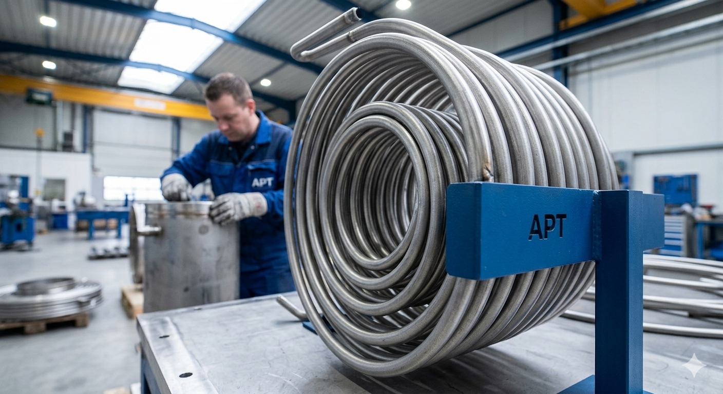 APT immersion coil heat exchanger for tank cooling and corrosive liquid cooling