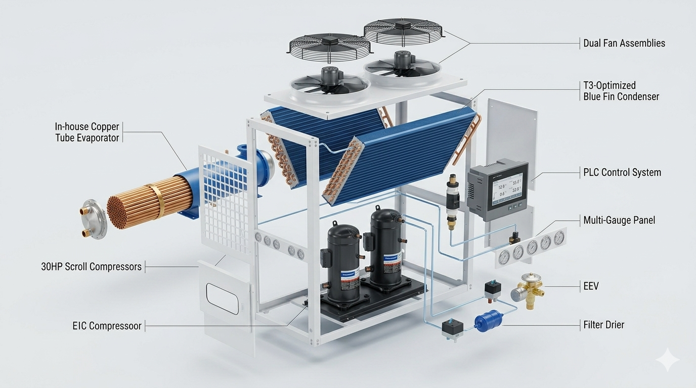 Parts of chiller including heat exchangers compressors pumps controls and industrial chiller components