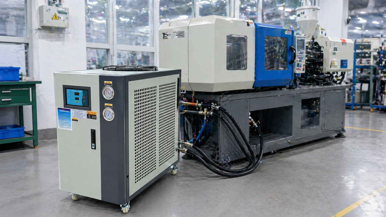 3HP compact air-cooled industrial chiller with top discharge fan, control panel and pressure gauges