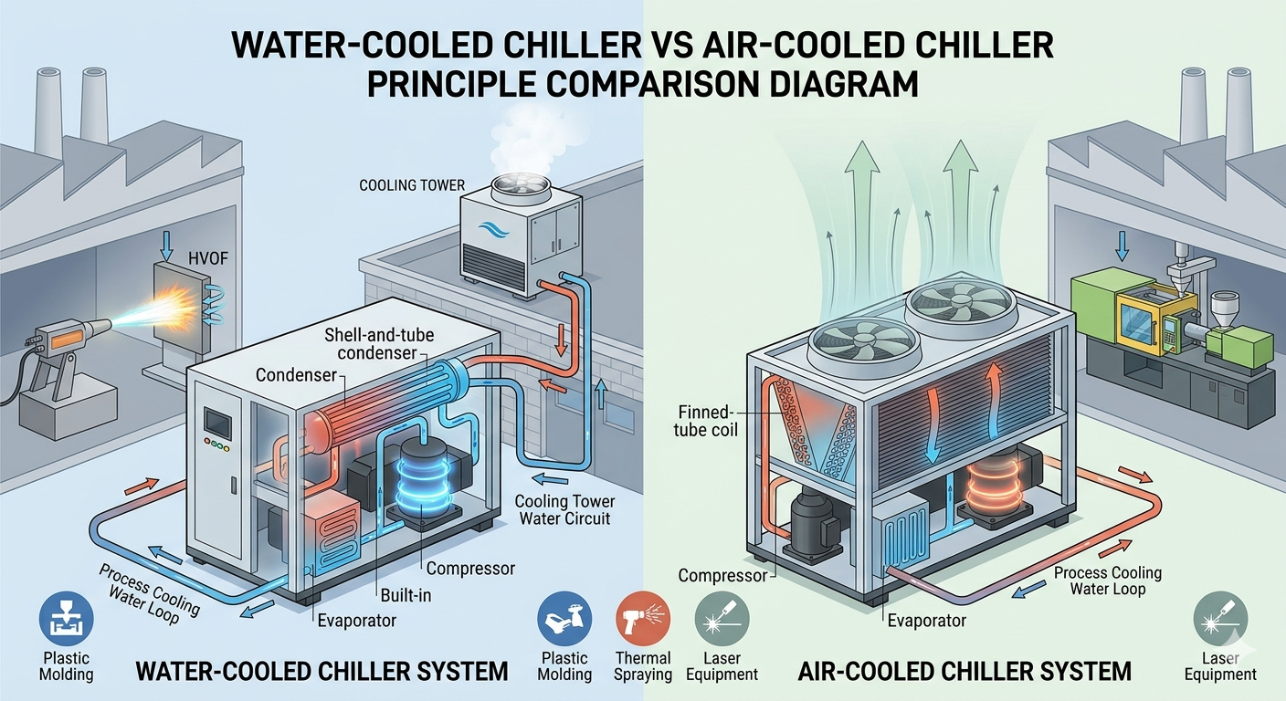 Technical comparison diagram of water-cooled chiller vs air-cooled chiller systems