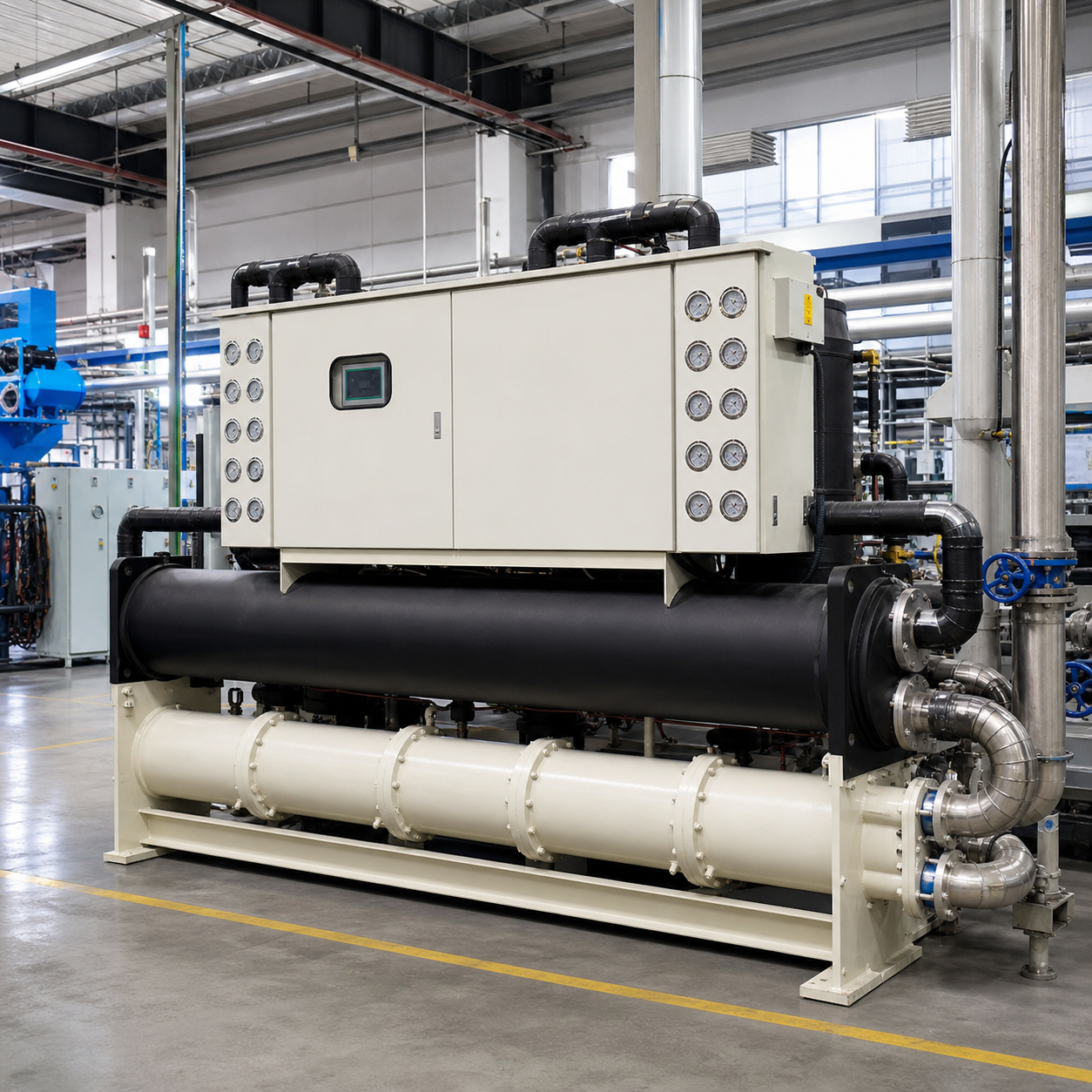 Water-cooled industrial chiller for centralized process cooling systems