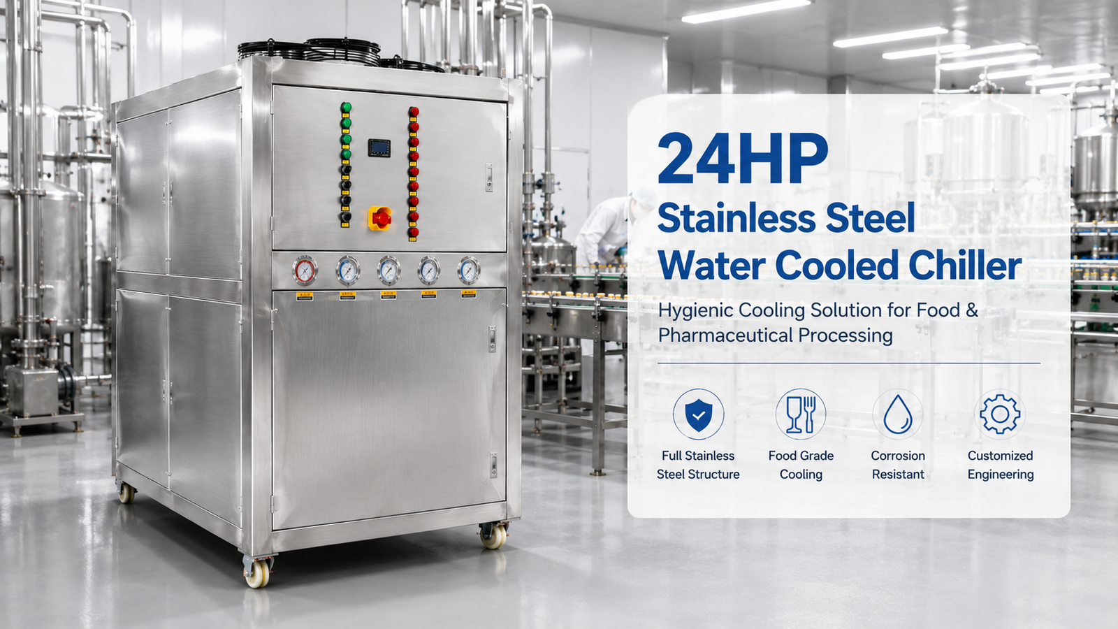 24HP stainless steel water cooled chiller for food and pharmaceutical processing