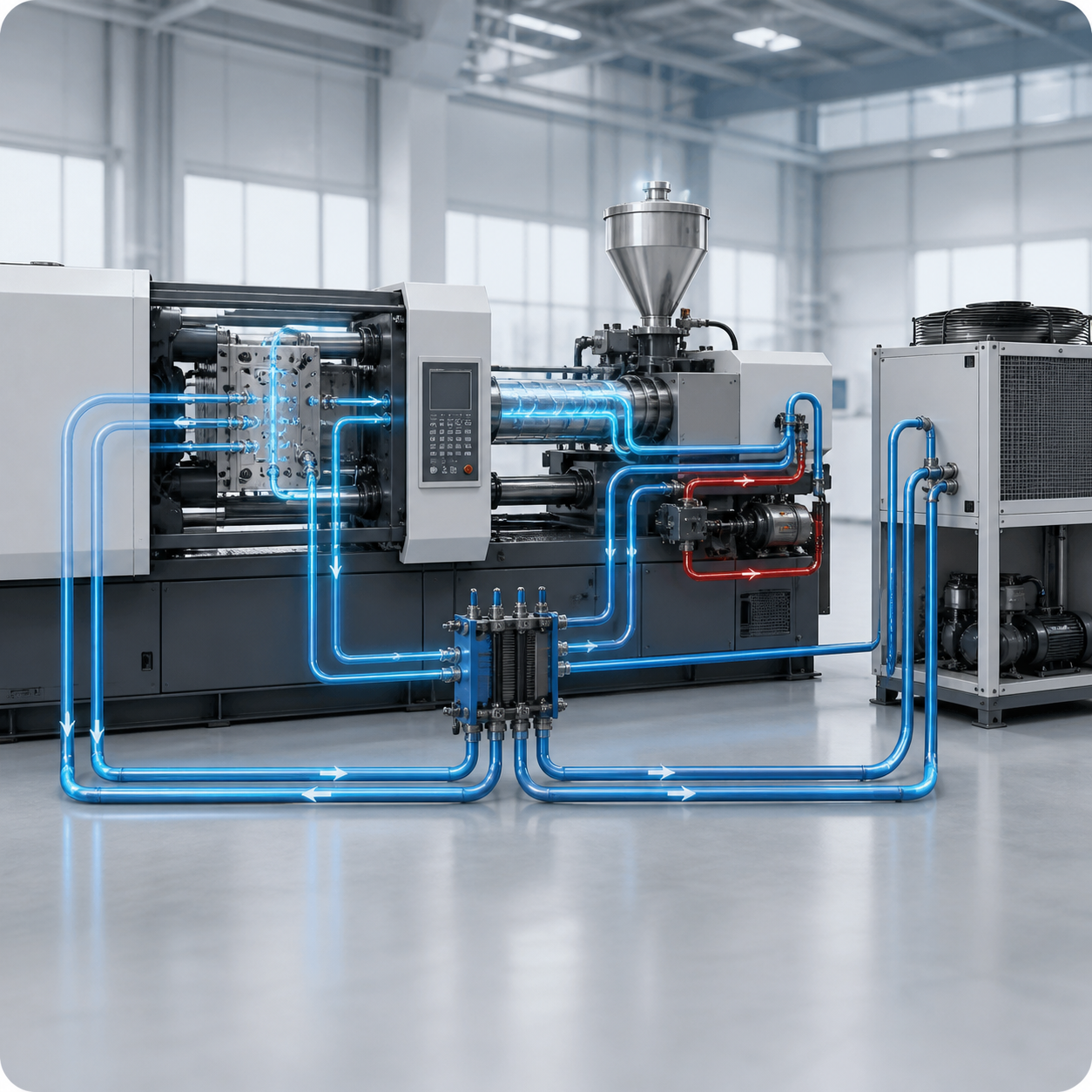 Injection molding cooling points water circuit for mold cooling hydraulic oil cooling and process water loop